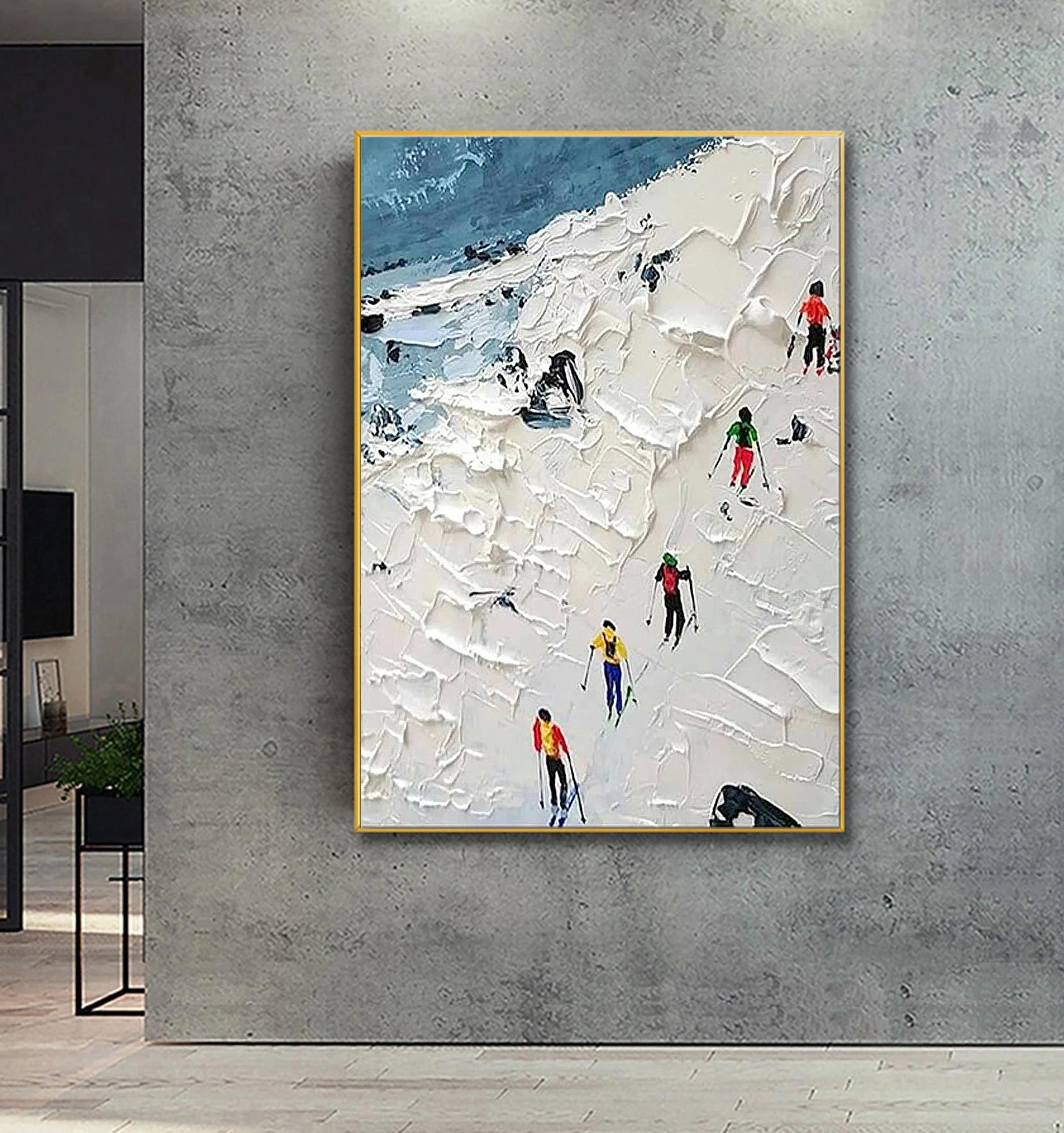 Skier on Snowy Mountain sky sport by Palette Knife wall art minimalism texture Oil Paintings